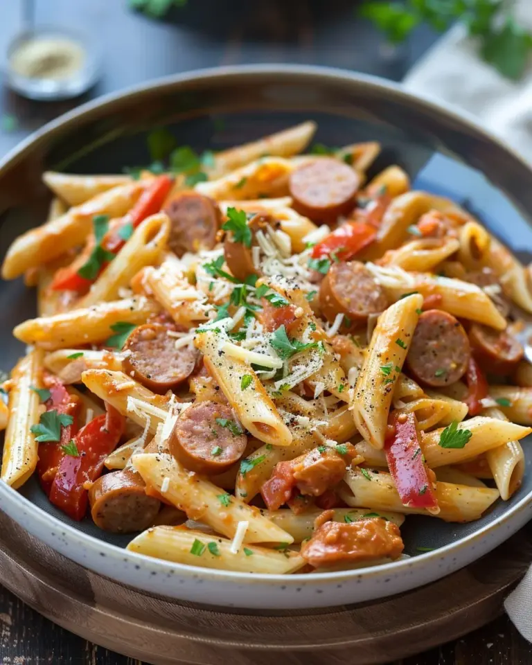 Delicious Cajun Sausage Pasta served in a bowl with fresh herbs.