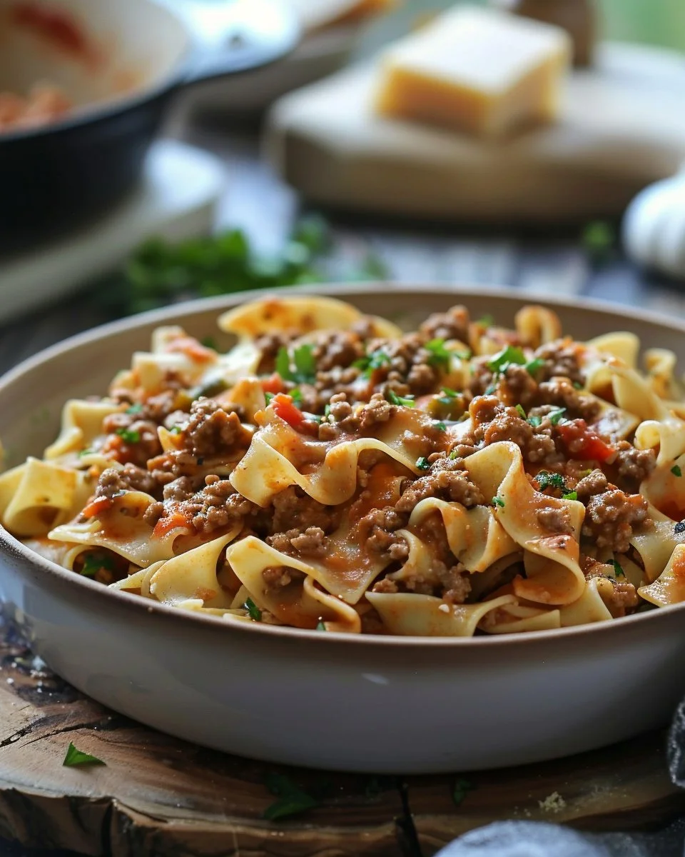 Creamy Rotel pasta with ground beef served in a cozy bowl for dinner