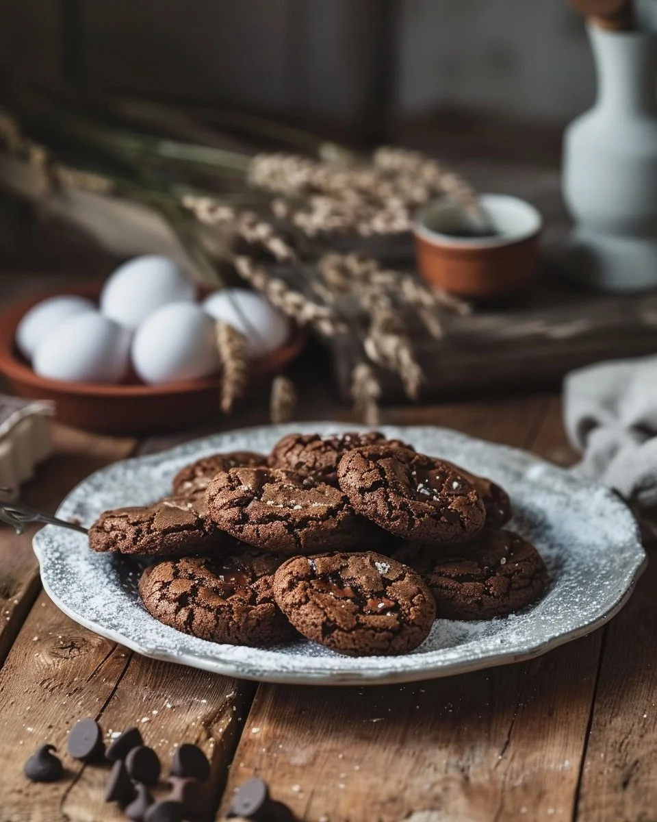 Gourmet brownie cookies stacked on a plate, showcasing their chewy texture and rich chocolate flavor.