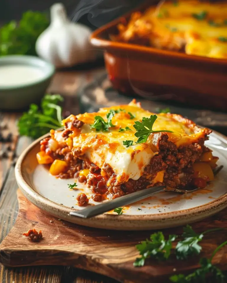 Delicious Hobo Casserole with ground beef and vegetables in a baking dish
