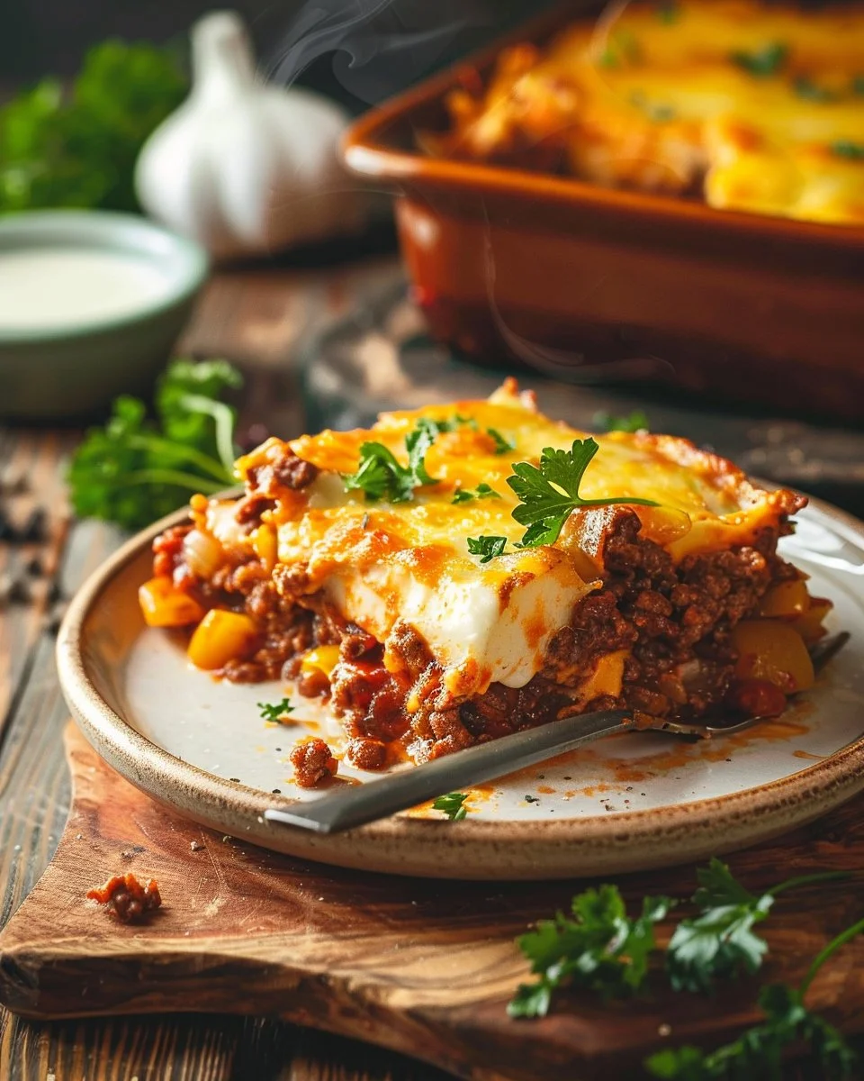 Delicious Hobo Casserole with ground beef and vegetables in a baking dish