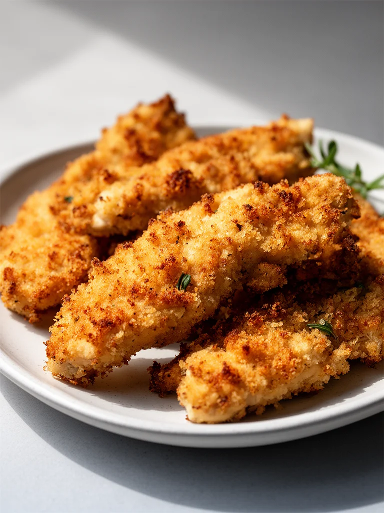 Plate of crispy homemade baked chicken tenders with dipping sauce