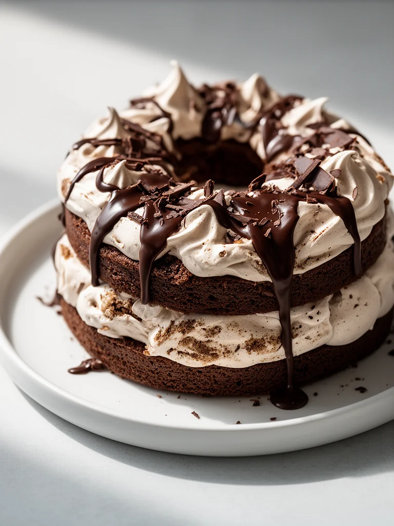 Milk Chocolate Meringue Cake with chocolate layers and crispy meringue topping