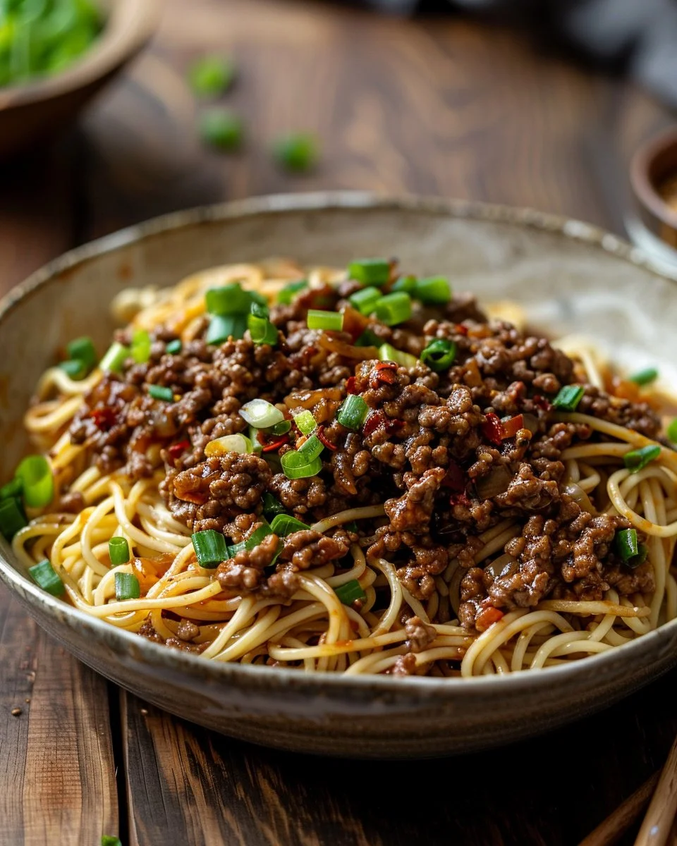 Mongolian Ground Beef Noodles garnished with green onions on a plate.