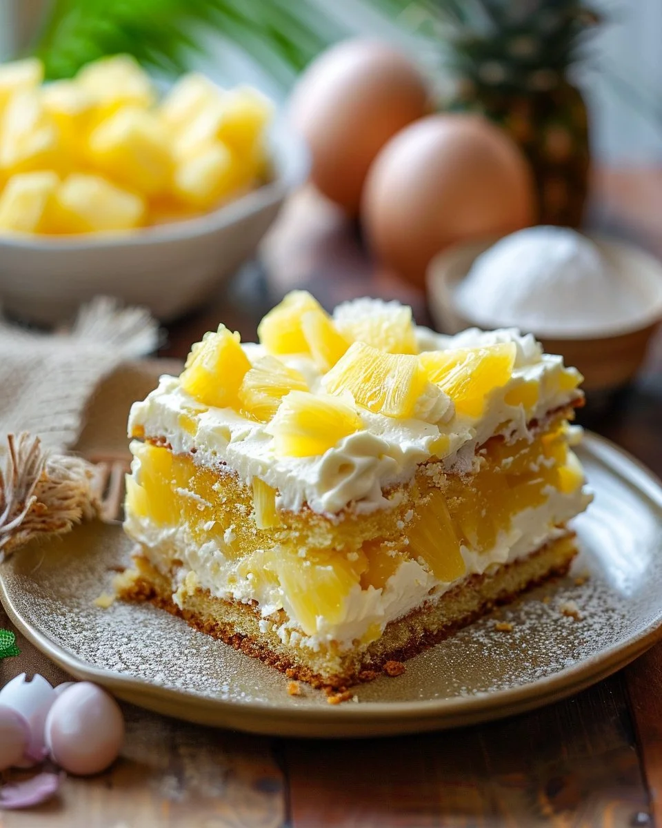 Delicious homemade Pineapple Cake topped with fresh pineapple slices