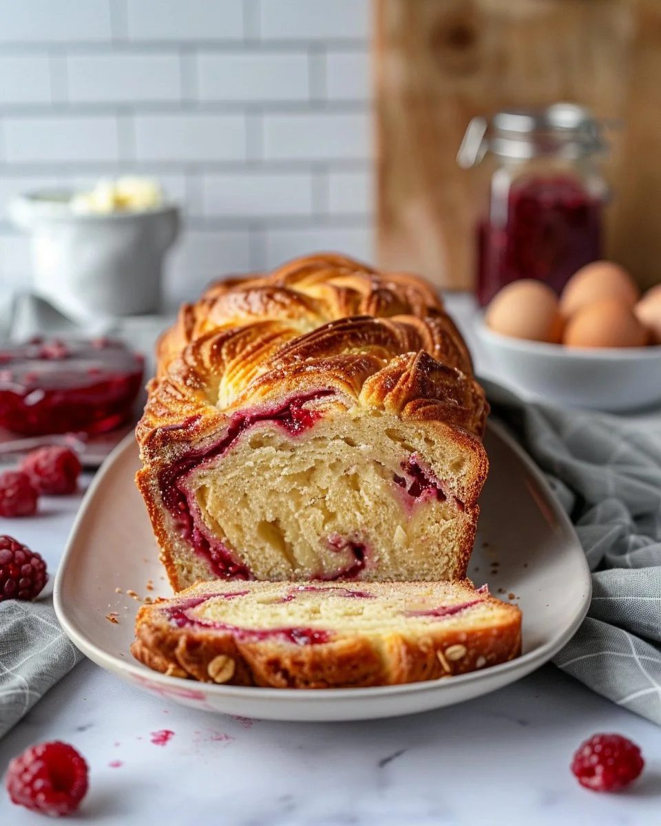 Delicious raspberry swirl brioche loaf with a golden crust and sweet raspberry filling.