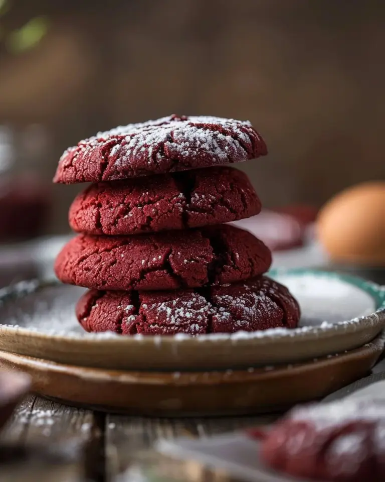 Freshly baked Red Velvet Crinkle Cookies with a powdered sugar coating