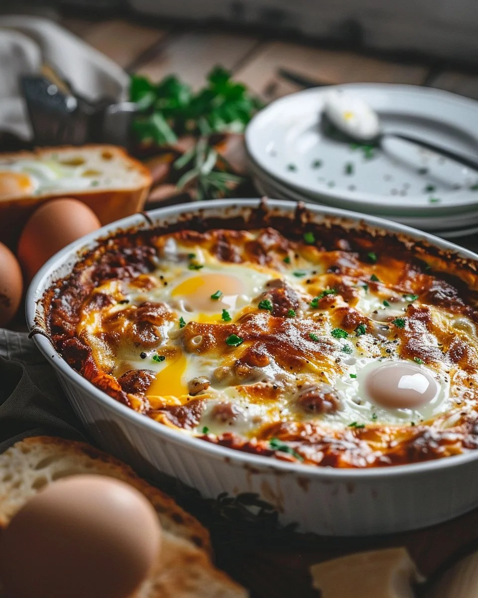 Sausage and egg casserole baked in a dish with golden brown topping
