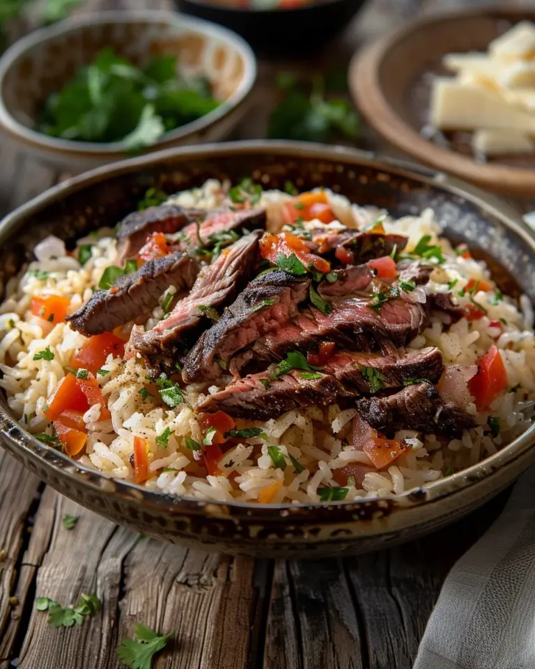 Bowl of delicious Steak Queso Rice topped with cheese and garnished.