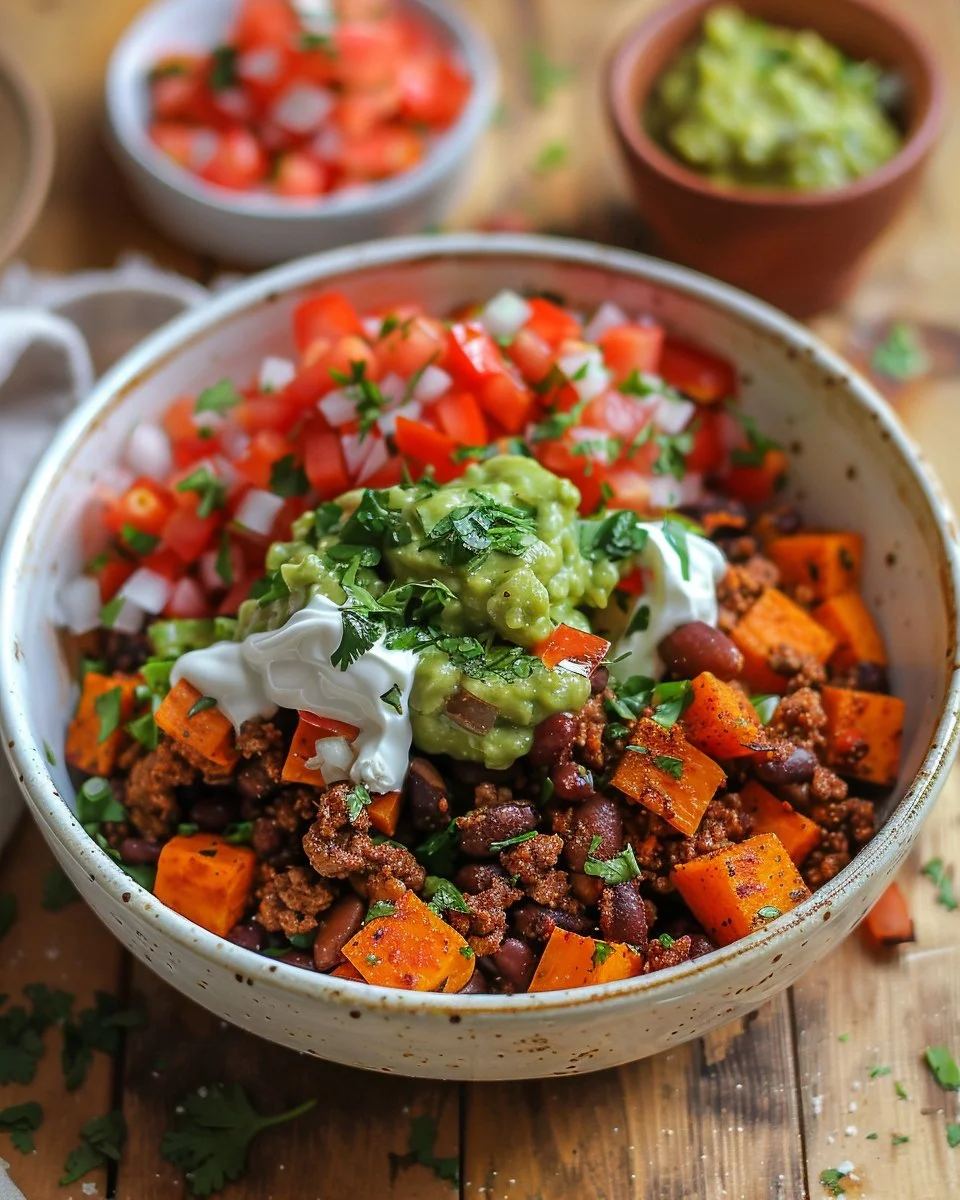 Colorful sweet potato taco bowl with toppings and ingredients