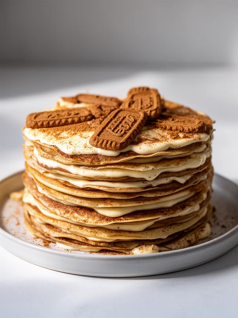Vanilla and Speculoos Crêpe Cake layered with fluffy crêpes and creamy filling