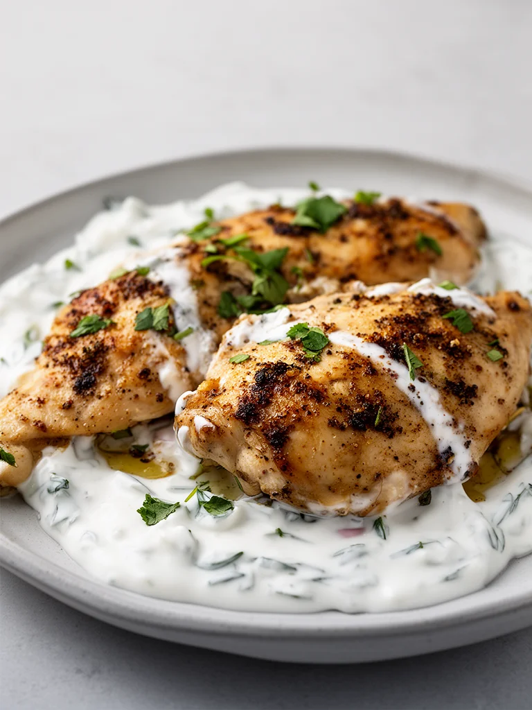 Yogurt marinated chicken grilled to perfection with herbs and spices.