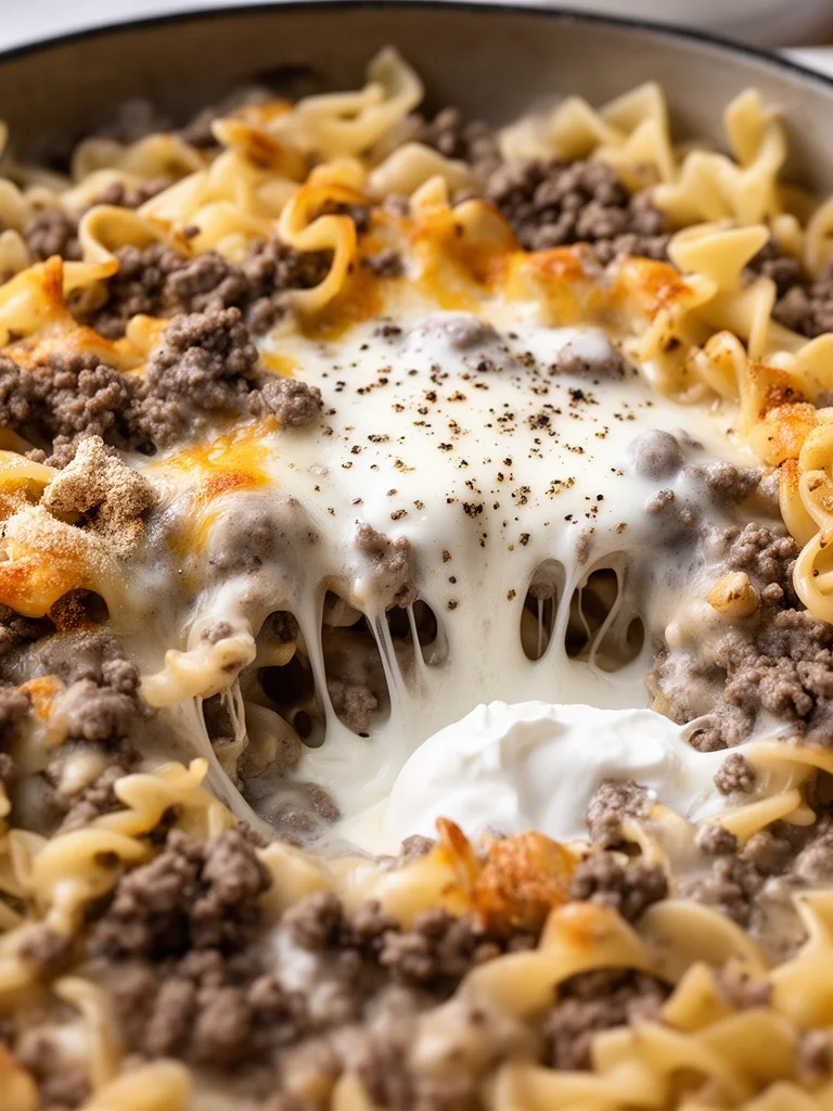 Quick and easy ground beef stroganoff served in a bowl with noodles.