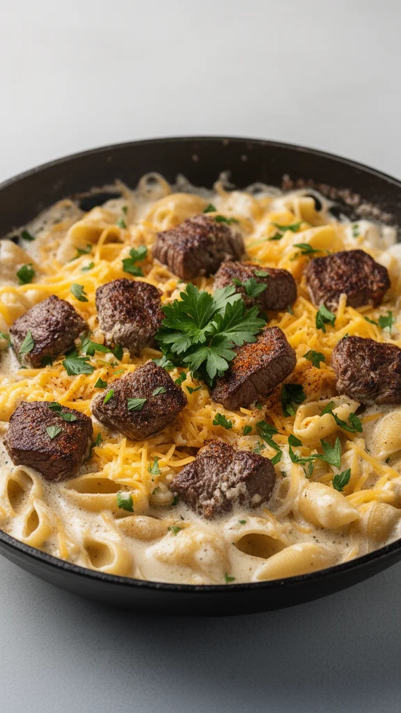 Cajun Steak Bites with Cheesy Garlic Pasta