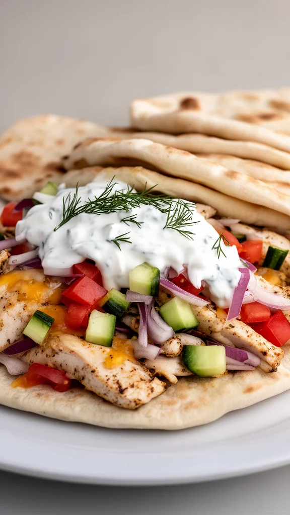 Chicken Gyros served in pita with fresh vegetables and tzatziki sauce