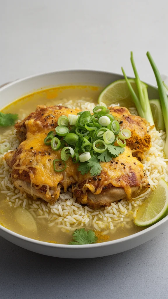 Coconut Chicken Brothy Rice served in a cozy one-pot dish with fresh ingredients.
