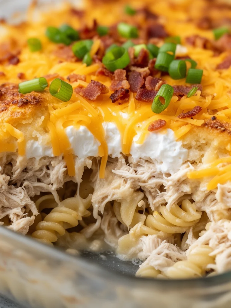 Delicious Crack Chicken Casserole topped with cheese and green onions