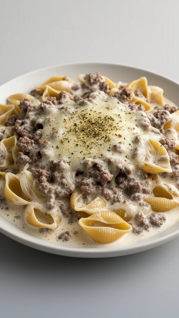 Creamy beef and shells in a bowl garnished with herbs