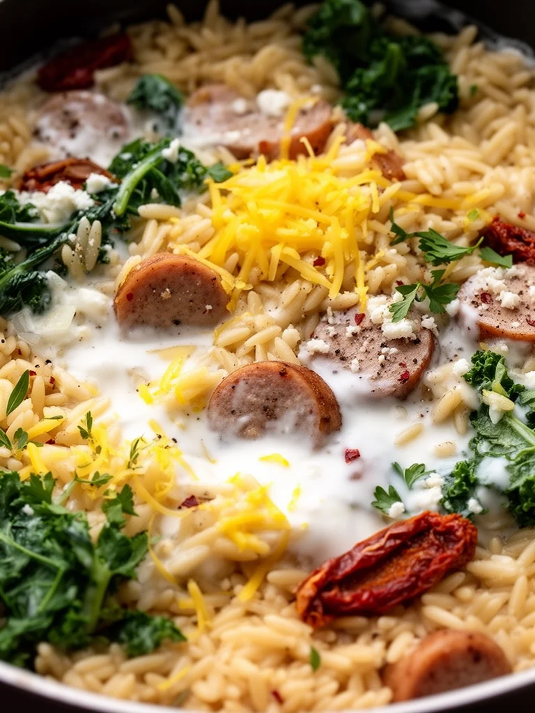 Creamy chicken sausage orzo dish in a pan, garnished with herbs
