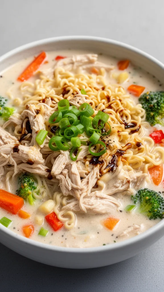 Bowl of creamy garlic chicken ramen with garnishes and herbs.