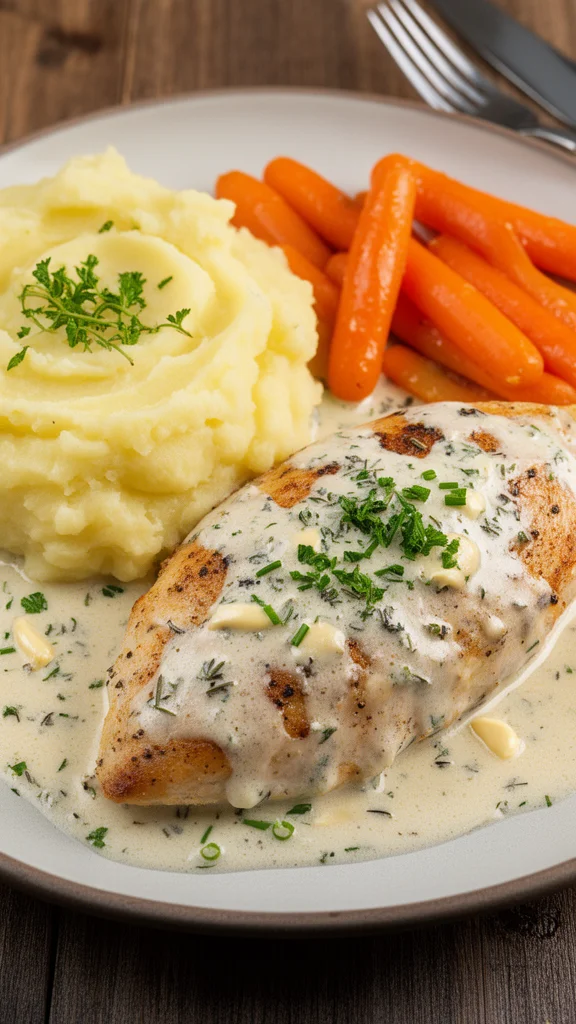 Plate of creamy herb chicken with mashed potatoes and glazed carrots