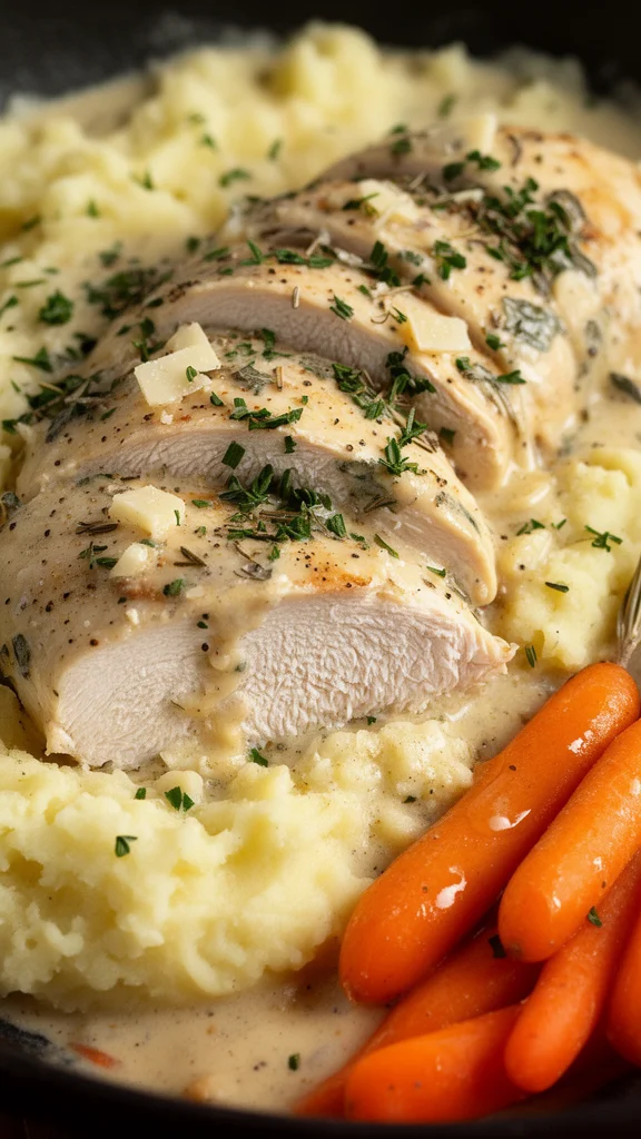Creamy Herb Chicken with Mashed Potatoes & Glazed Carrots: A Complete Comfort Food Dinner