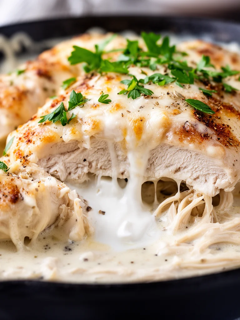 Creamy ranch chicken dish served on a plate with garnish