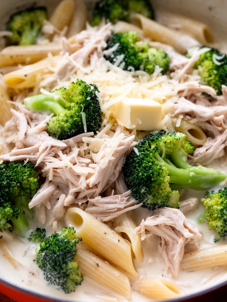 Creamy rotisserie chicken broccoli pasta dish served in a bowl
