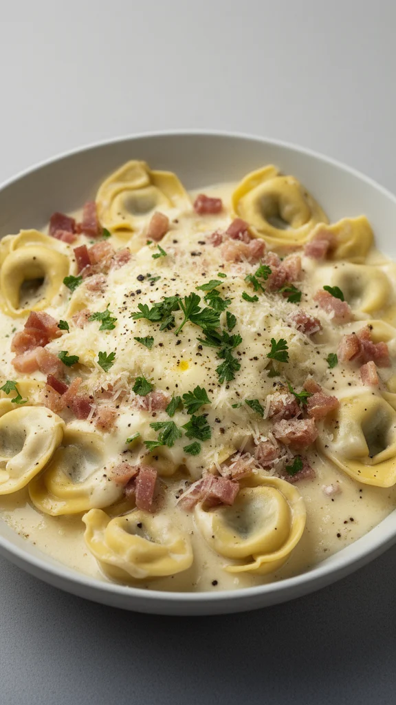 Creamy Tortellini Carbonara dish on a plate with garnishes