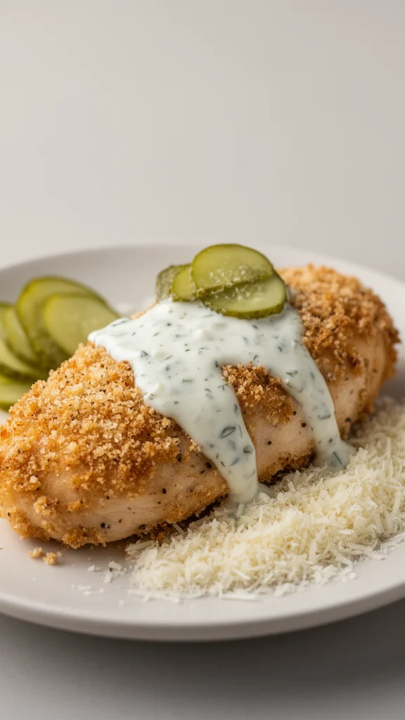 Crispy Parmesan Chicken with golden crust and fresh herbs on a plate