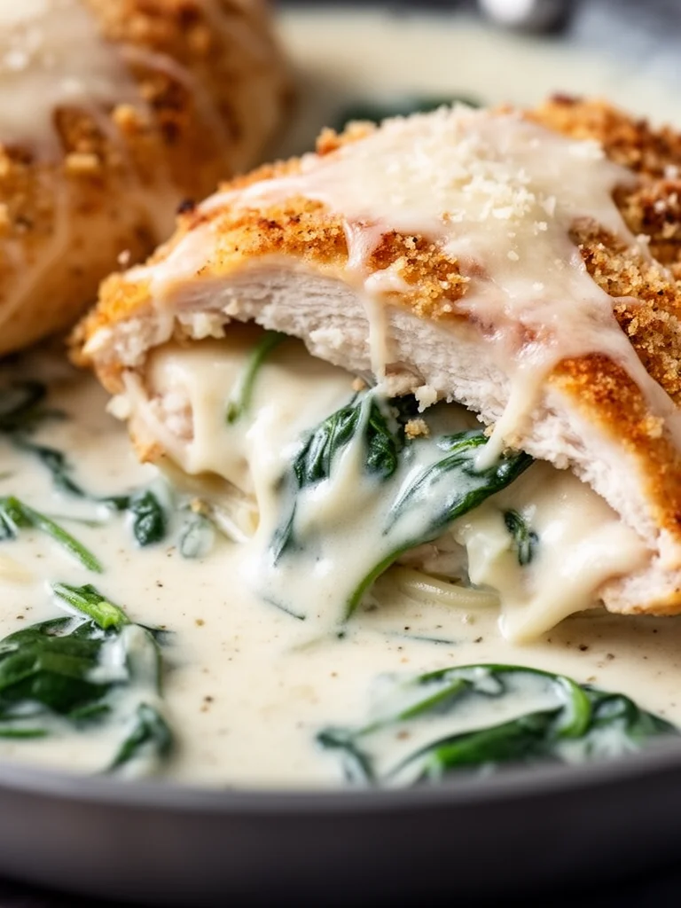 Crispy Parmesan chicken with rich garlic sauce on a plate.