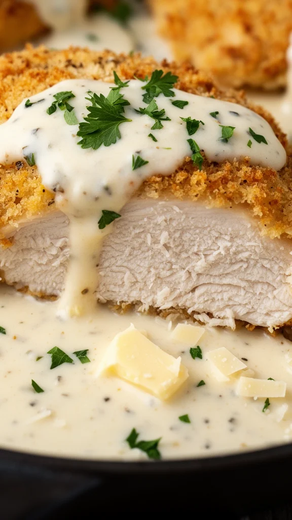 Crispy Parmesan Chicken with Garlic Cream Sauce