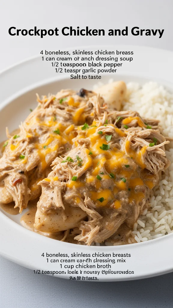 Crockpot Chicken and Gravy served on a plate with sides