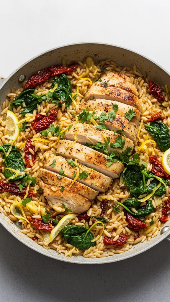 Mediterranean chicken orzo served in a bowl with fresh herbs and vegetables