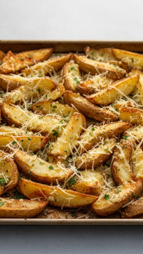 Bowl of crispy Garlic Parmesan Potato Wedges with fresh herbs.