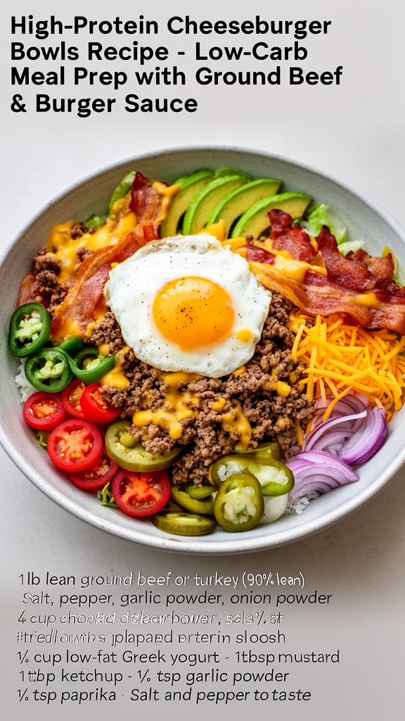 High-protein cheeseburger bowls with ground beef, fresh veggies, and creamy burger sauce