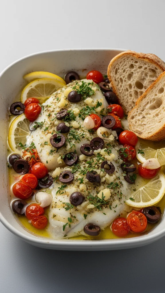 Mediterranean baked fish topped with herbs and lemon slices ready to serve