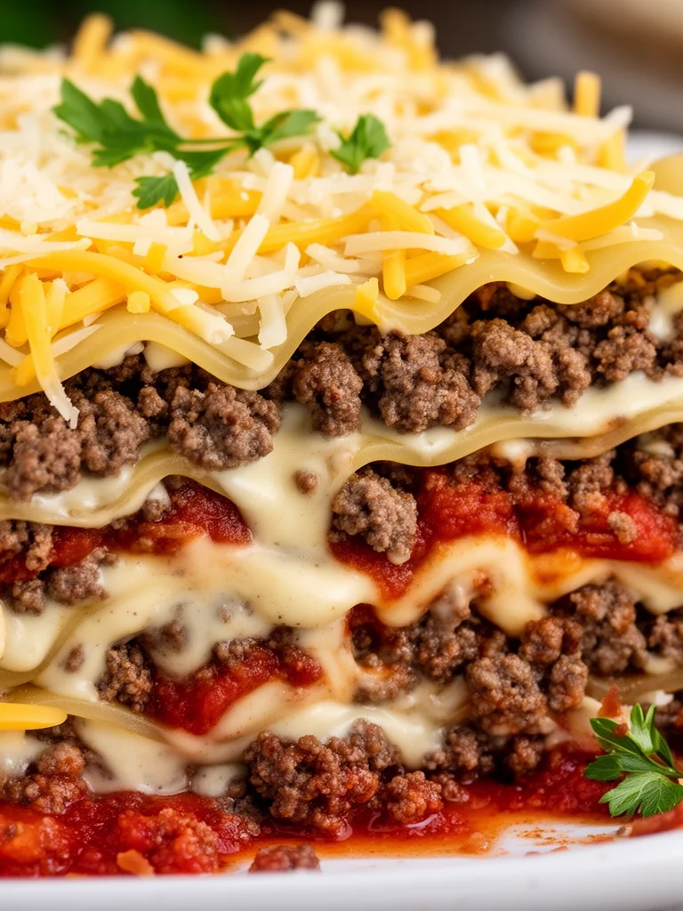 Delicious Parmesan Garlic Bacon Cheeseburger Lasagna served on a plate