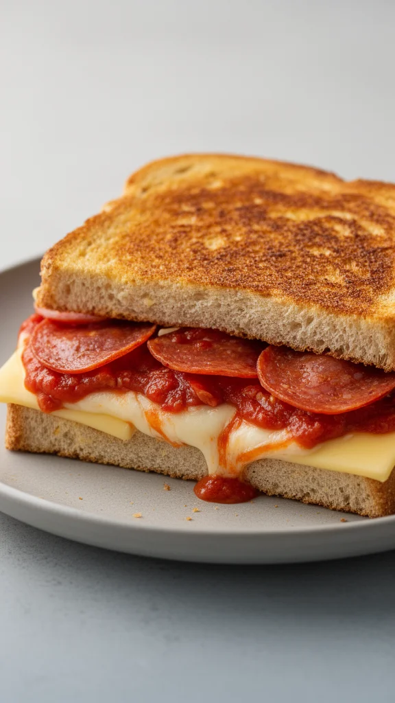 Delicious pizza grilled cheese sandwich with gooey cheese and pizza toppings.