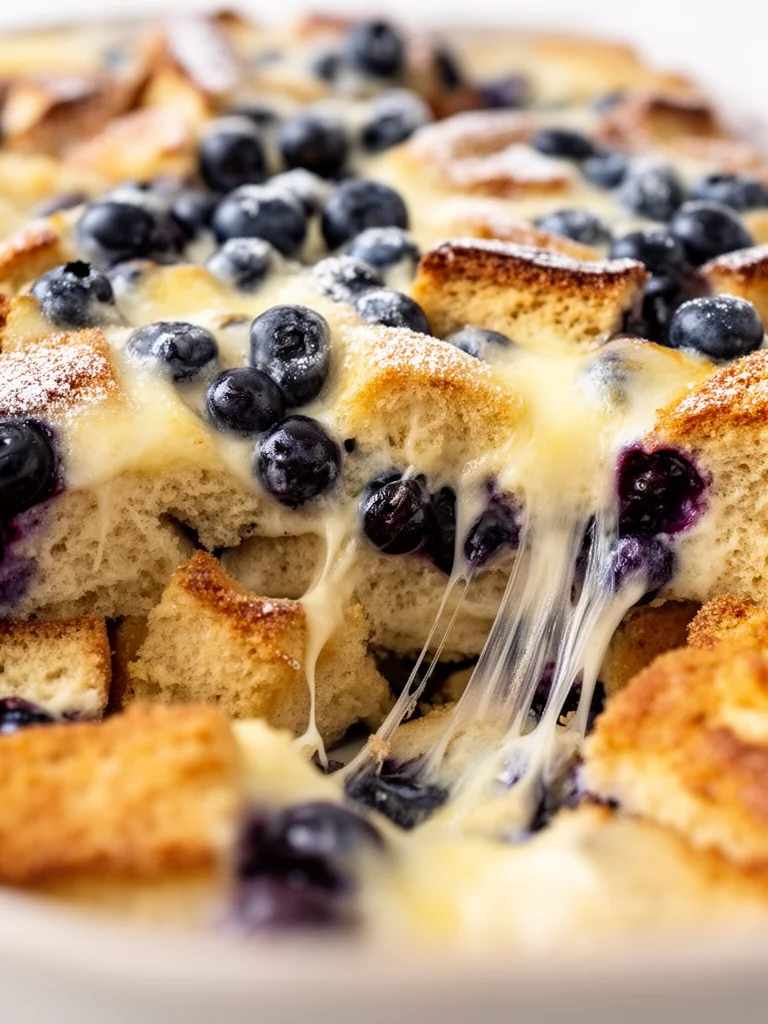 Blueberry French Toast Casserole topped with fresh blueberries and syrup