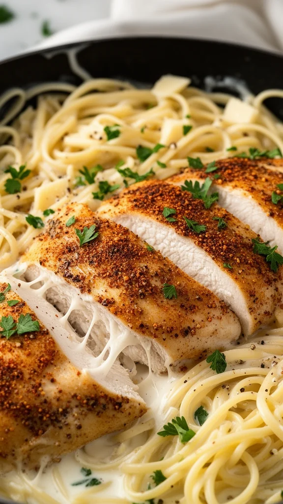 Savory Cajun Chicken and Creamy Garlic Parmesan Linguine
