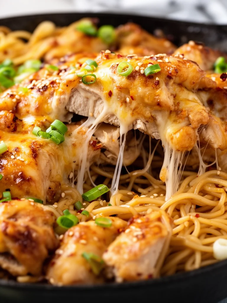 Plate of Sticky Garlic Chicken Noodles garnished with herbs