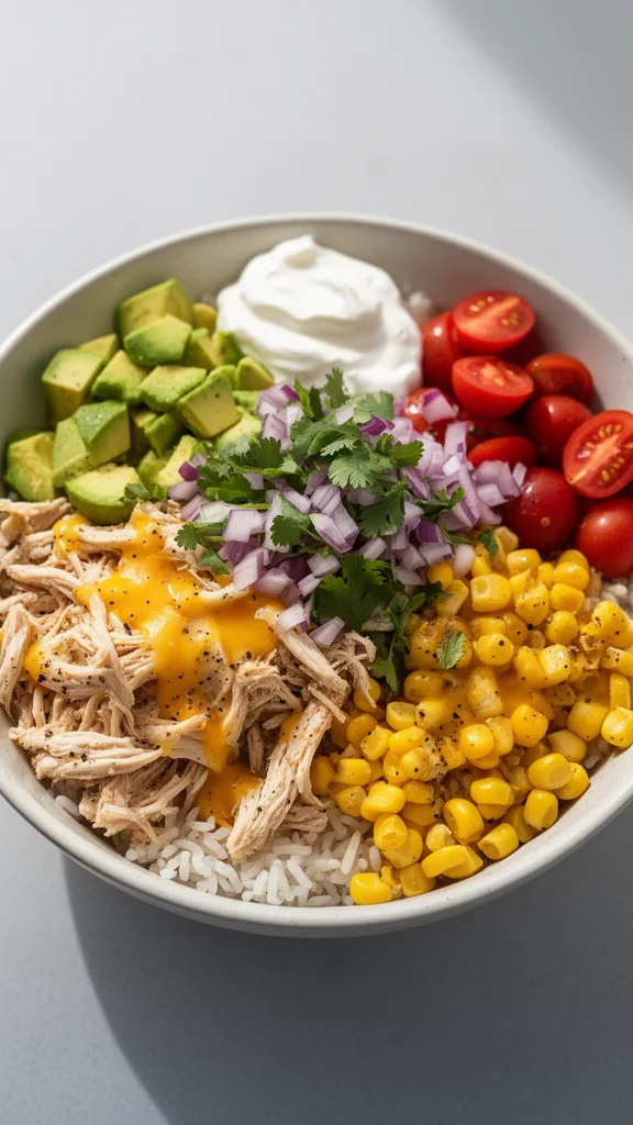 Street Corn Chicken Rice Bowl with tender chicken, fresh rice, and vibrant corn.