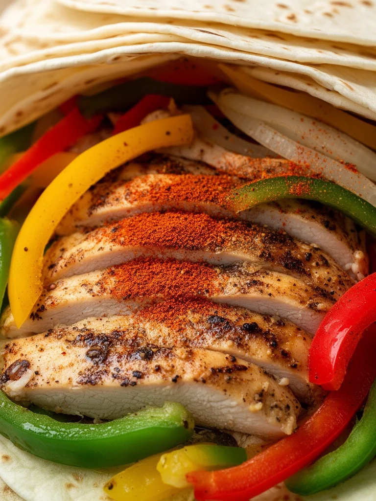 Delicious chicken fajitas with colorful peppers and onions served in warm tortillas.