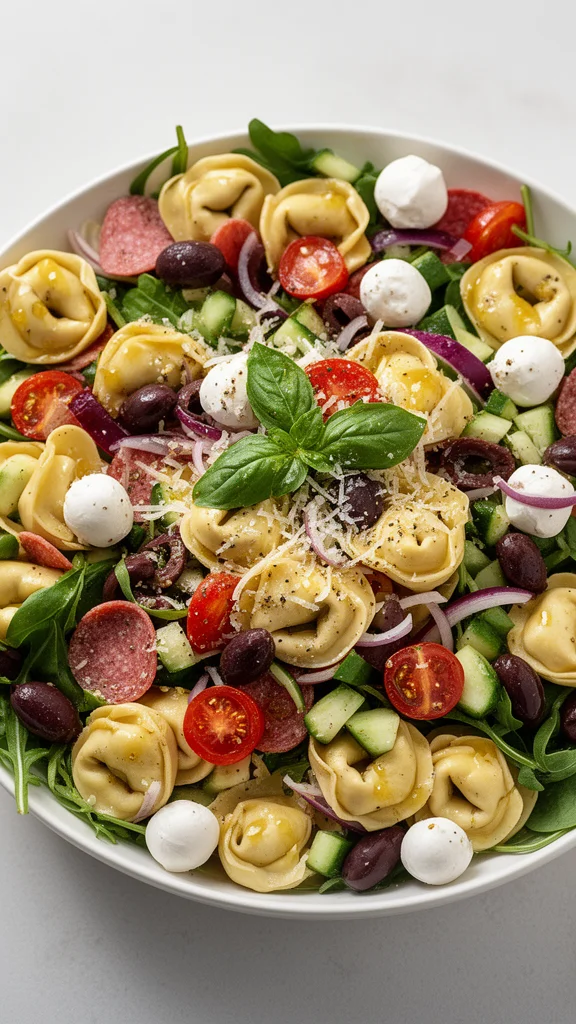 A vibrant bowl of Tortellini Pasta Salad with vegetables and dressing