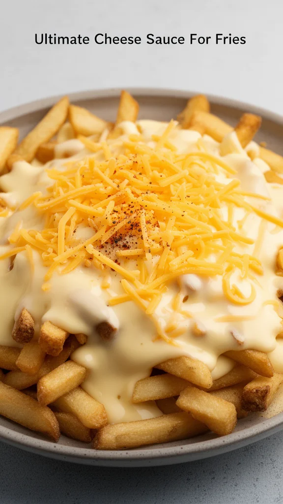 Ultimate cheesy sauce drizzled over crispy fries for a delicious snack