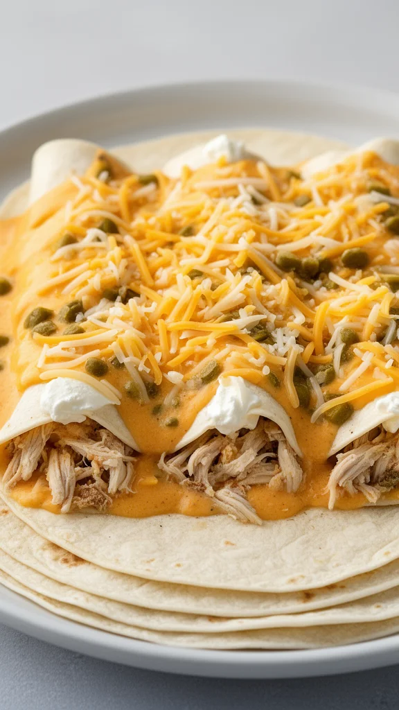 Delicious white chicken enchiladas topped with cheese and creamy sauce